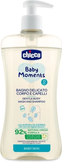 Chicco απαλό σαμπουάν μαλλιών και σώματος Baby Moments 92% φυσικά συστατικά 500 ml