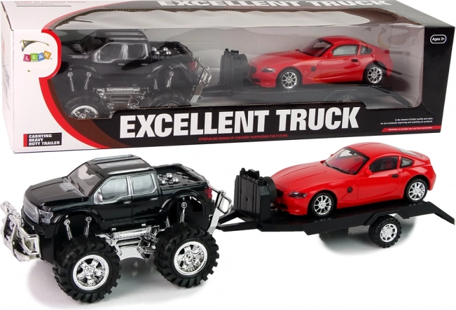 Σετ οχημάτων – μαύρο monster truck με ρυμουλκούμενο τρέιλερ (πλατφόρμα) και σπορ αυτοκίνητο 58 cm