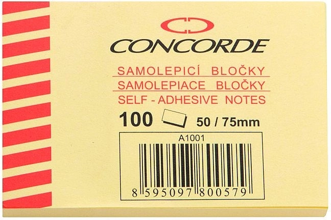Αυτοκόλλητο μπλοκάκι CONCORDE 50 × 75 mm, κίτρινο, 100 φύλλα