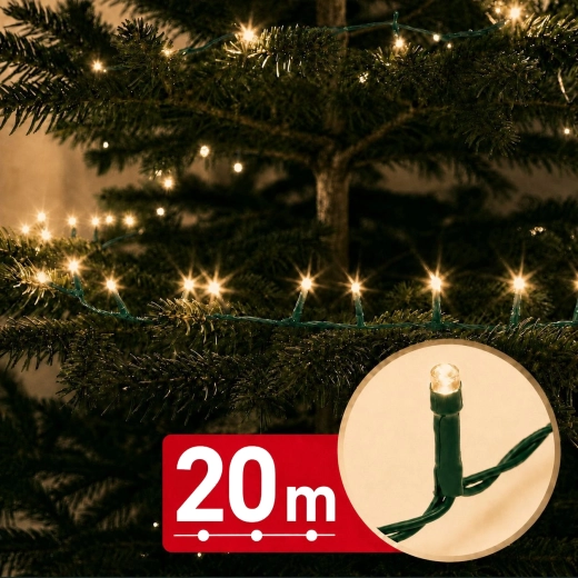 Φωτεινή αλυσίδα LED 20 m, 400 LED, θερμό λευκό φως, πράσινο καλώδιο