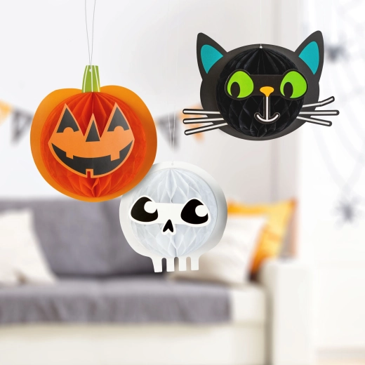 Χάρτινο σετ κρεμαστών φαναριών Halloween με κολοκύθα, γάτα και κρανίο