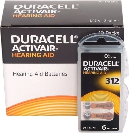 Μπαταρίες ακουστικών βαρηκοΐας Duracell Activair 312, 6 τεμ.