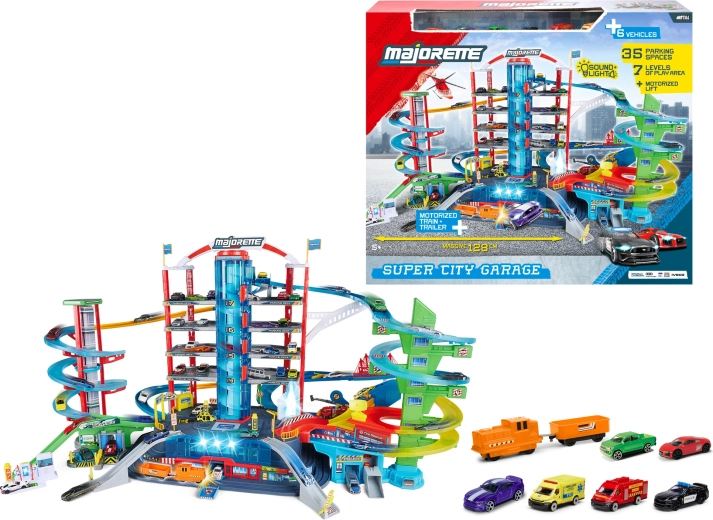 Majorette Super City Garage επταώροφο γκαράζ με 6 αυτοκινητάκια και τρενάκι