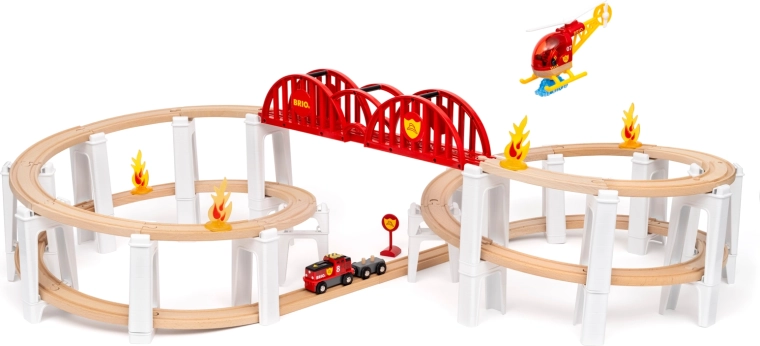 Brio World μεγα-σπείρα – ξύλινη σιδηροδρομική πίστα τρένου με γέφυρα, πυροσβεστικά αξεσουάρ και ελικόπτερο