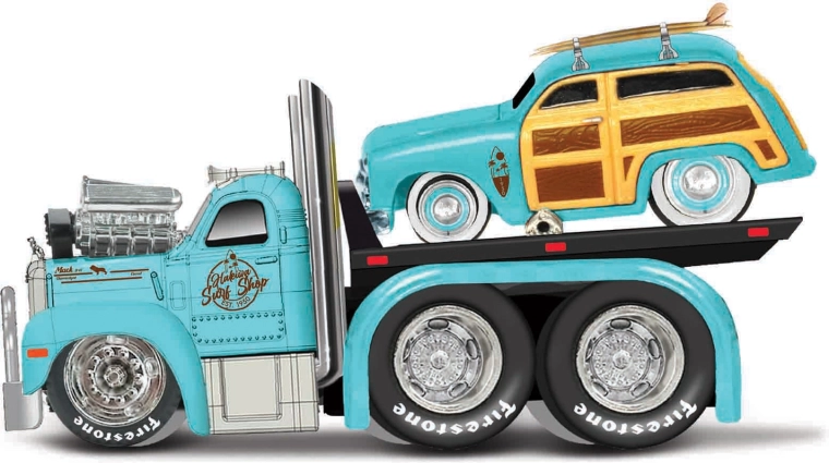 Maisto Muscle Transports 1953 Mack B-61 πλατφόρμα με 1950 Ford Woody 1:64