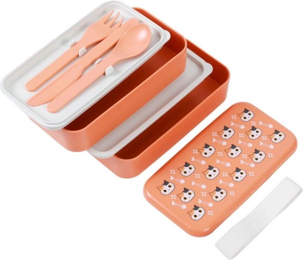 Πορτοκαλί lunch box με γατάκι με κουτάλι και πιρούνι