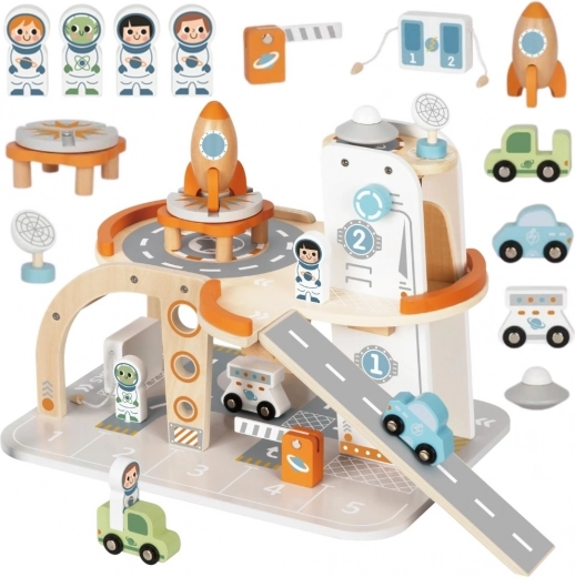 Tooky Toy ξύλινος διαστημικός σταθμός με χώρο στάθμευσης και πύραυλο