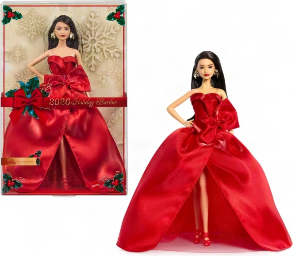 Mattel Barbie Signature χριστουγεννιάτικη συλλεκτική κούκλα 2026 με μαύρα μαλλιά σε κόκκινο φόρεμα