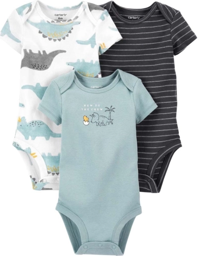 Carter’s βρεφικά κορμάκια με κοντό μανίκι Blue Dino για αγόρια, 3 τεμ., νεογέννητο