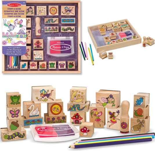 Melissa & Doug δημιουργικό σετ ξύλινες σφραγίδες Κήπος των Νεράιδων (20 σχέδια, μελάνι και κηρομπογιές)