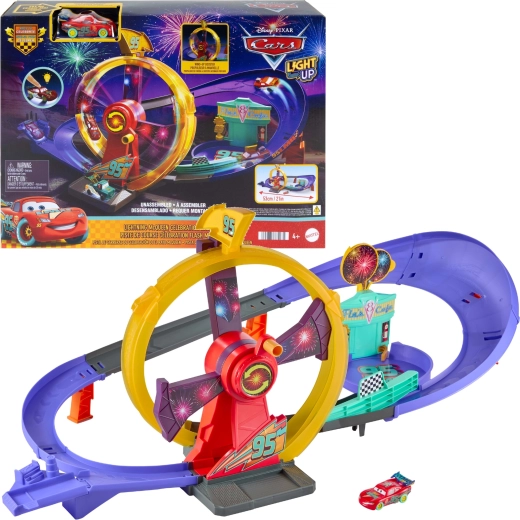 Mattel Disney Pixar Cars αγωνιστική πίστα «Εορταστικές εκδηλώσεις εκκίνησης» με φωτιζόμενο Κεραυνό McQueen
