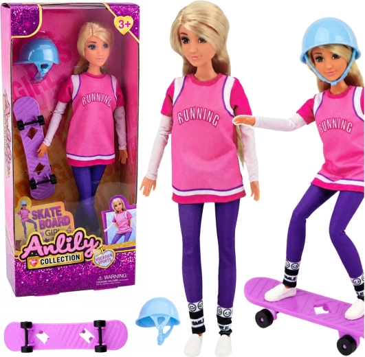 Anlily skateboardίστρια – κούκλα με μωβ skateboard και κράνος 30 cm