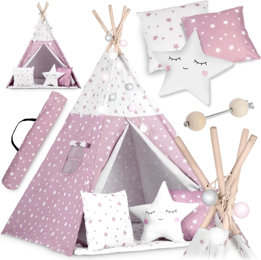 Παιδική σκηνή teepee με φωτάκια NUKIDO – ροζ με αστεράκια