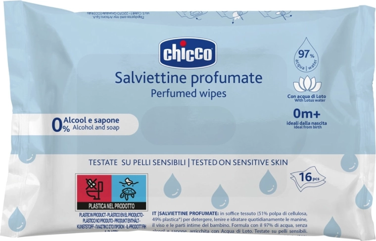 Chicco απαλά αρωματισμένα βρεφικά υγρά μαντηλάκια τσάντας 16 τεμ.