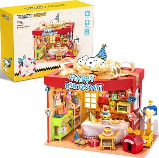 Puremind ξύλινο 3D παζλ μοντέλο Peanuts Birthday Party SNOOPY με LED