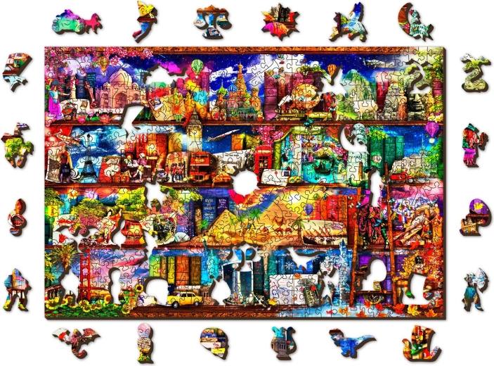 Ξύλινο διπλής όψης παζλ WOODEN CITY – ράφι για βιβλία ταξιδιών, 505 κομμάτια