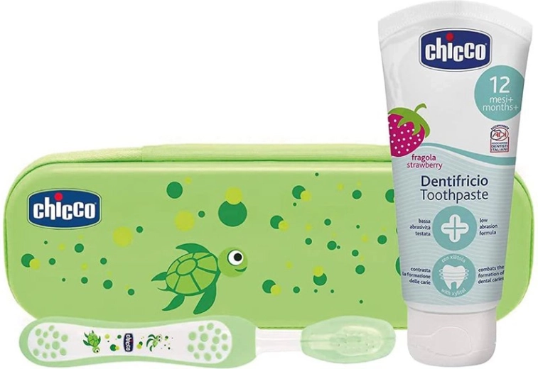 Chicco σετ οδοντόβουρτσας και οδοντόκρεμας με φθόριο σε θήκη Always Smiling, πράσινο, 12m+