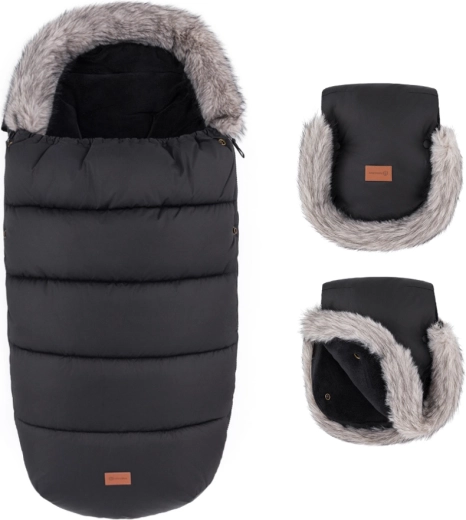 Petite&Mars χειμερινό σετ: υπνόσακος Comfy 4v1 και γάντια για καρότσι Furry forever black