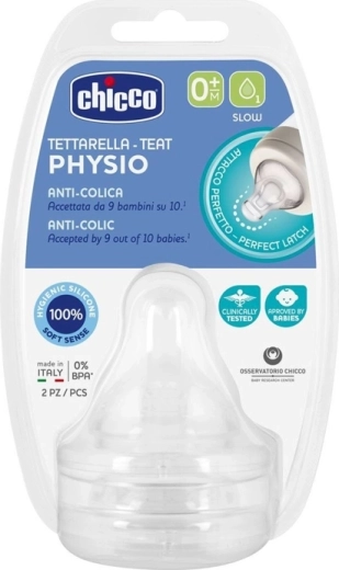 Θηλή μπιμπερό Chicco Physio αργή ροή 0m+, 2 τεμ.