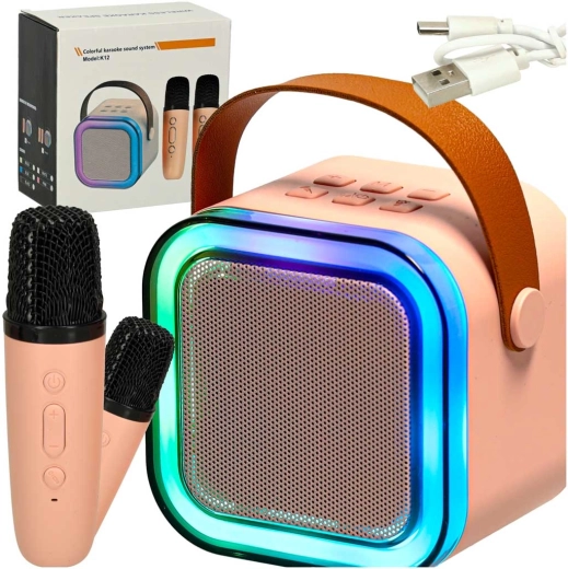 Σετ καραόκε με ηχείο bluetooth, 2 ασύρματα μικρόφωνα και LED φωτισμό 6 W – ροζ