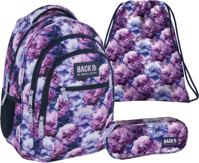 Σχολικό σετ BackUP Violet Flowers 3σε1 – σακίδιο, κασετίνα και σάκος