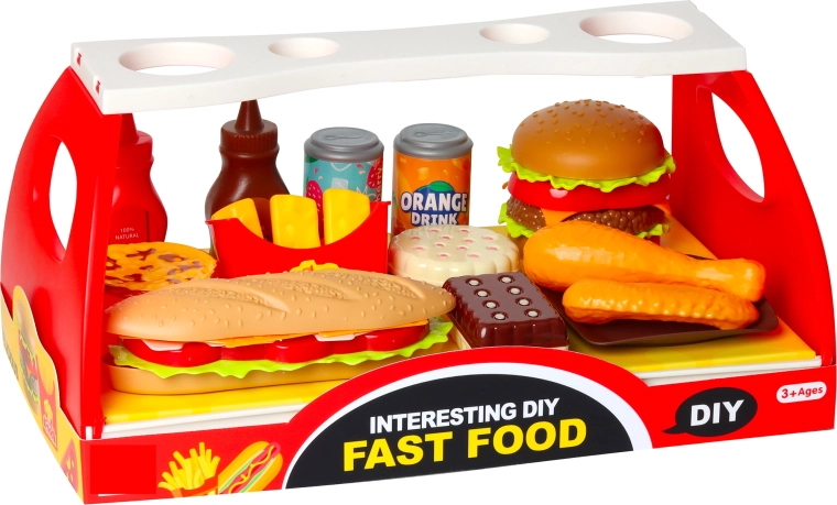 Σετ fast food: χάμπουργκερ και μπαγκέτα με αξεσουάρ