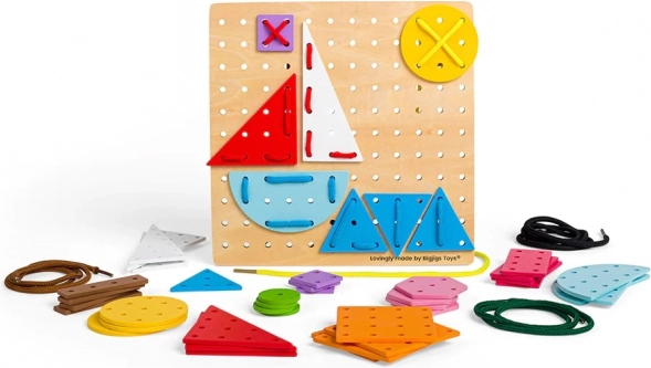 BIGJIGS TOYS ξύλινο παιχνίδι περάσματος κορδονιών – γεωμετρικά σχήματα