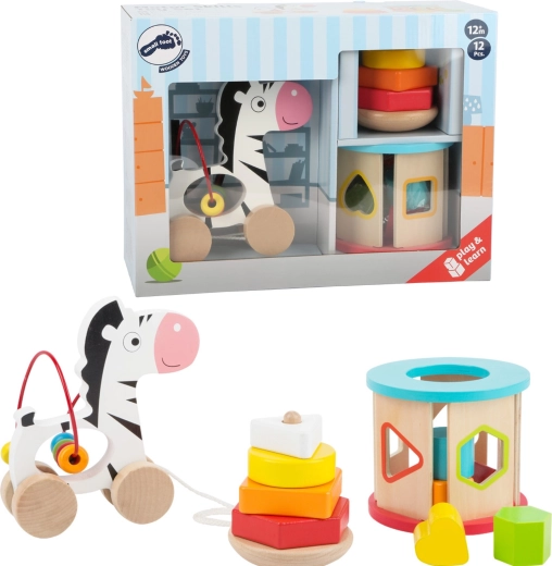 Small Foot ξύλινο σετ παιχνιδιών 3 σε 1 με ζέβρα, παιχνίδι αντιστοίχισης σχημάτων και πυραμίδα