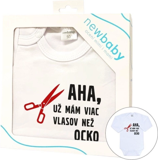 Βρεφικό κορμάκι με στάμπα New Baby «Έχω ήδη περισσότερα μαλλιά από τον μπαμπά», συσκευασία δώρου