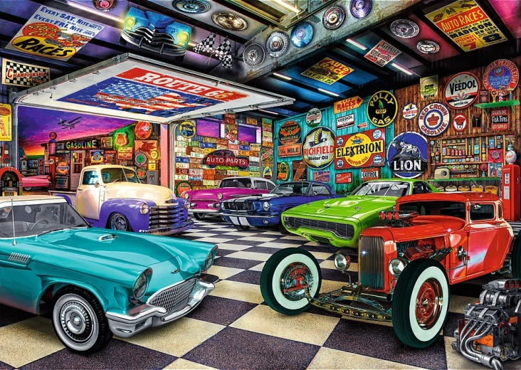 Trefl Puzzle Premium Plus Tea Time: γκαράζ συλλέκτη αυτοκινήτων 1000 κομμάτια