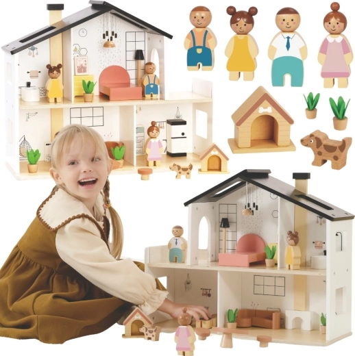 Tooky Toy ξύλινο σπιτάκι για κούκλες με αξεσουάρ και οικογένεια (20 τεμ.)