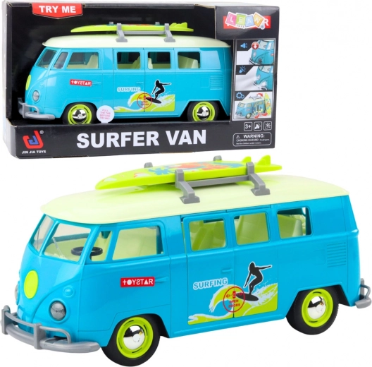 Surfer van – φωτιζόμενο και ηχητικό μίνι λεωφορειάκι με αποσπώμενη σανίδα του σερφ, τιρκουάζ