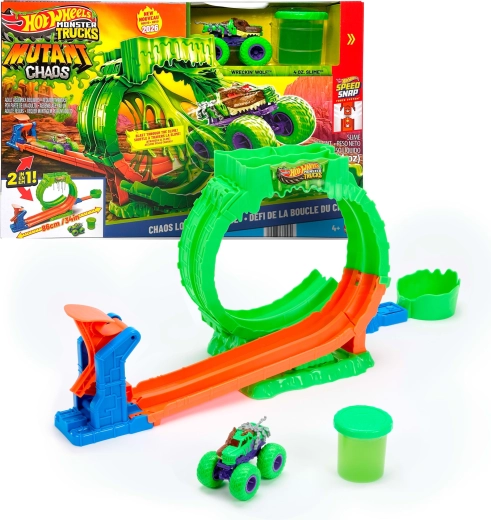 Hot Wheels Monster Trucks mutant chaos πρόκληση περιστρεφόμενος βρόχος χάους με γλίτσα και αυτοκινητάκι Wreckin' Wolf