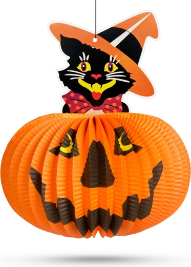Χάρτινο φαναράκι Halloween σε σχήμα κολοκύθας με μοτίβο γάτας – 1 τεμάχιο