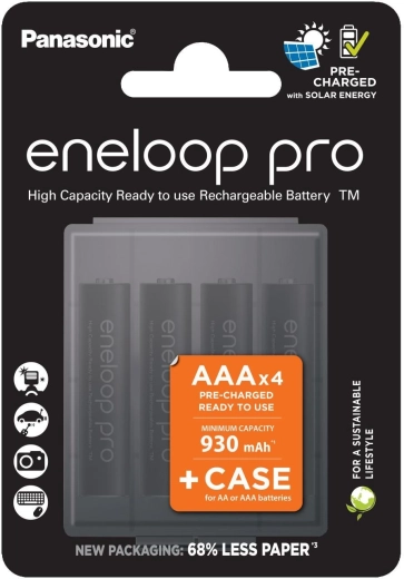 Επαναφορτιζόμενες μπαταρίες AAA PANASONIC Eneloop Pro + θήκη αποθήκευσης, 4 τεμ.