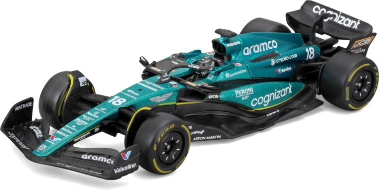 Bburago 1:43 Formula 1 Aston Martin AMR23 #18 Lance Stroll – μεταλλικό μοντέλο με οδηγό σε συσκευασία δώρου
