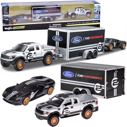 Μεταλλικό σετ Maisto 1:64 – FORD Raptor με τρέιλερ και FORD GT Heritage