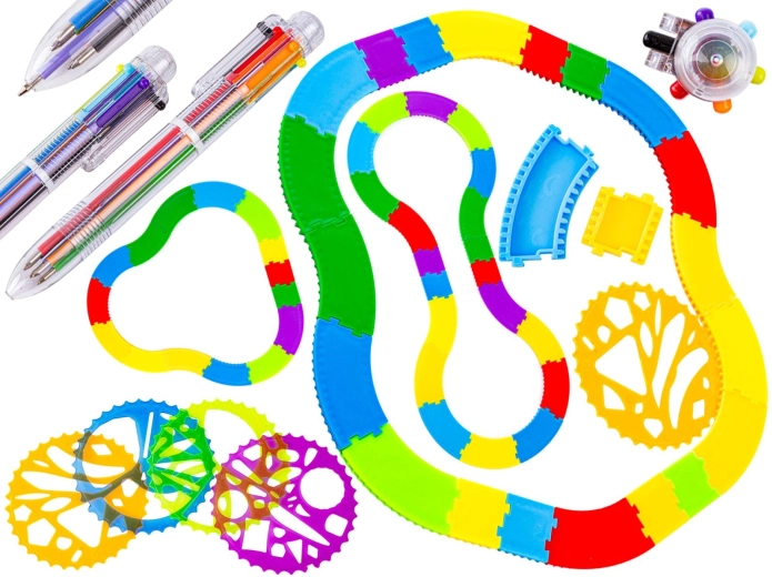 Spirograf – σετ σχεδίασης με αρθρωτή διαδρομή, στένσιλ και πολύχρωμο στυλό