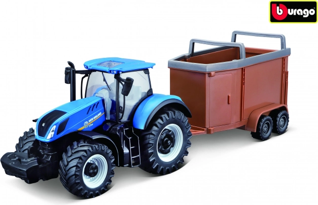 Bburago Farmland τρακτέρ New Holland T7.315 HD με ρυμουλκούμενο για ζώα 10 cm