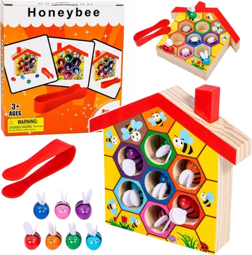 Ξύλινη κυψέλη Montessori με μέλισσες και τσιμπίδα (7 τεμ.)