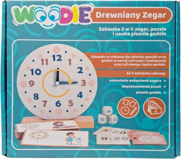 Ξύλινο εκπαιδευτικό ρολόι WOODIE 3v1