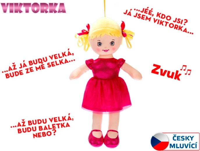Υφασμάτινη κούκλα Panenka Viktorka 32 cm, που μιλά και τραγουδά, σκούρο ροζ