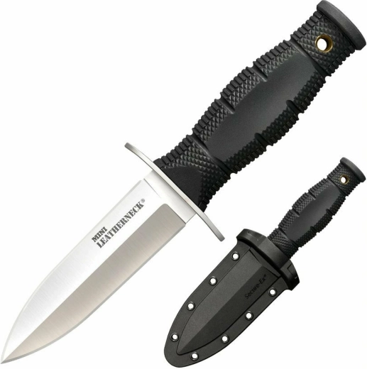 Cold Steel Mini Leatherneck Double Edge – μικρό μαχαίρι λαιμού 9 cm, μαύρο, Kraton, θήκη Secure-Ex