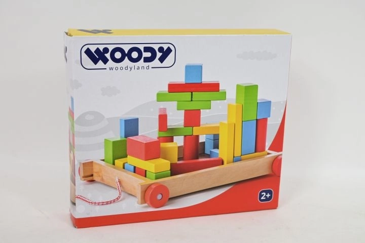 Woody ξύλινο καρότσι έλξης με κύβους, 34 κομμάτια
