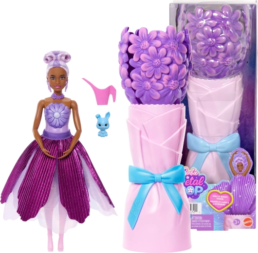 barbie petal pop λουλουδάτη έκπληξη μωβ μαργαρίτα + αξεσουάρ
