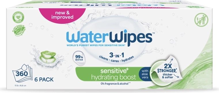 WaterWipes ενυδατικά υγρά μαντηλάκια με aloe vera 3σε1 6×60 τεμ. (360 τεμ.)