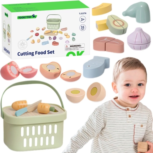 Tooky Toy ξύλινο σετ τροφίμων για κόψιμο, 31 τεμάχια