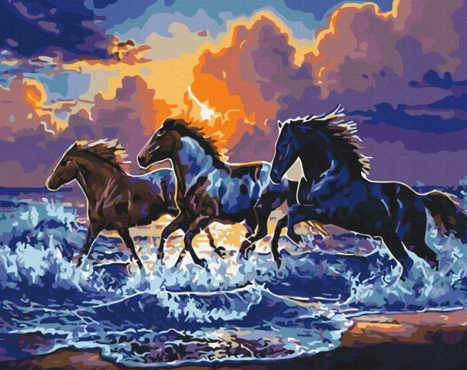 Διαμαντένια ζωγραφική – άγρια άλογα στην παραλία 30 × 40 cm