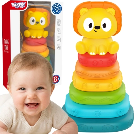 Woopie Baby αισθητηριακή πυραμίδα – πύργος στοίβαξης με λιονταράκι (από 6 μηνών)