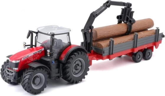 Bburago Farmland τρακτέρ MASSEY FERGUSON 8740S με φορτωτή και ρυμουλκούμενο για ξύλα 10 cm